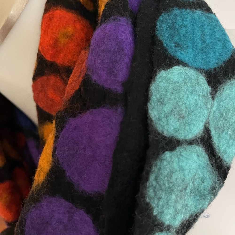 Colorful Polka Dot Felted Wool Scarf - Purple, Teal, Orange and Black - Picture 3 of 8